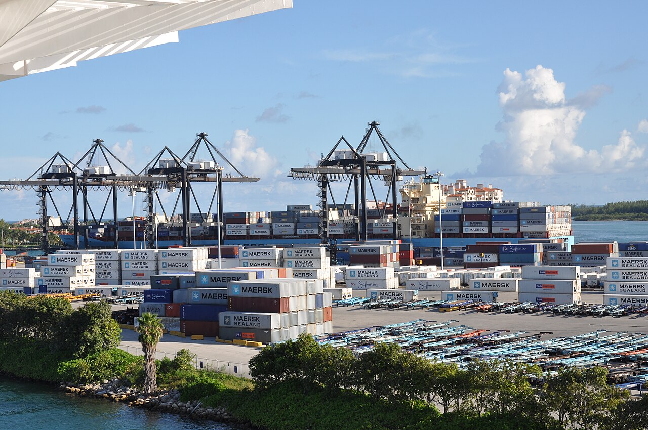 Working container terminal at sunset