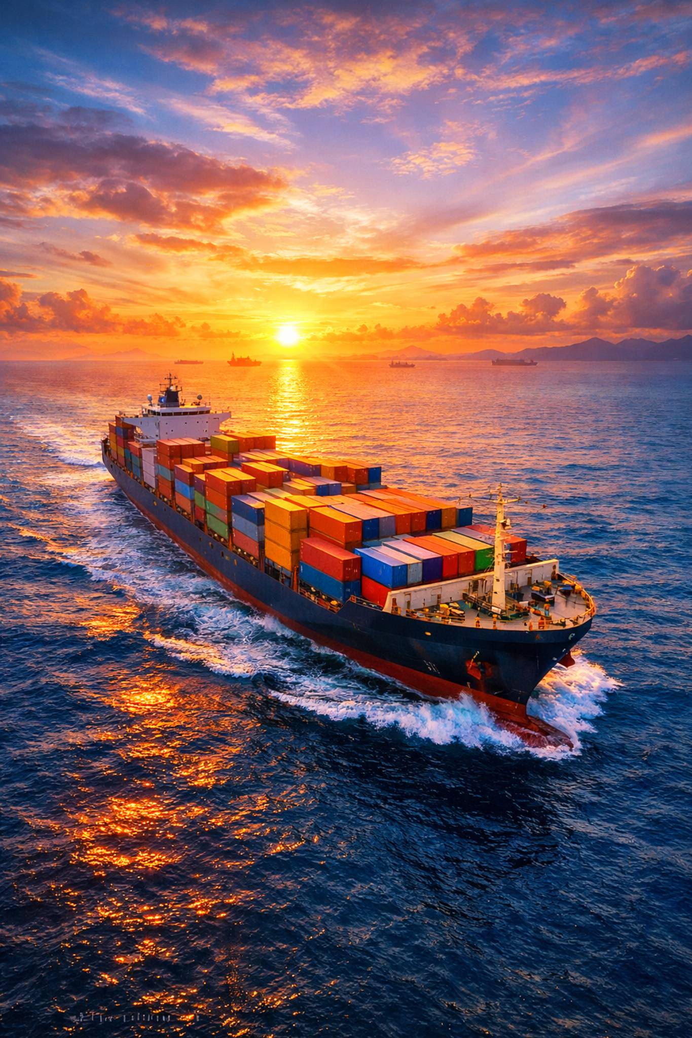 Real container ship at sunset